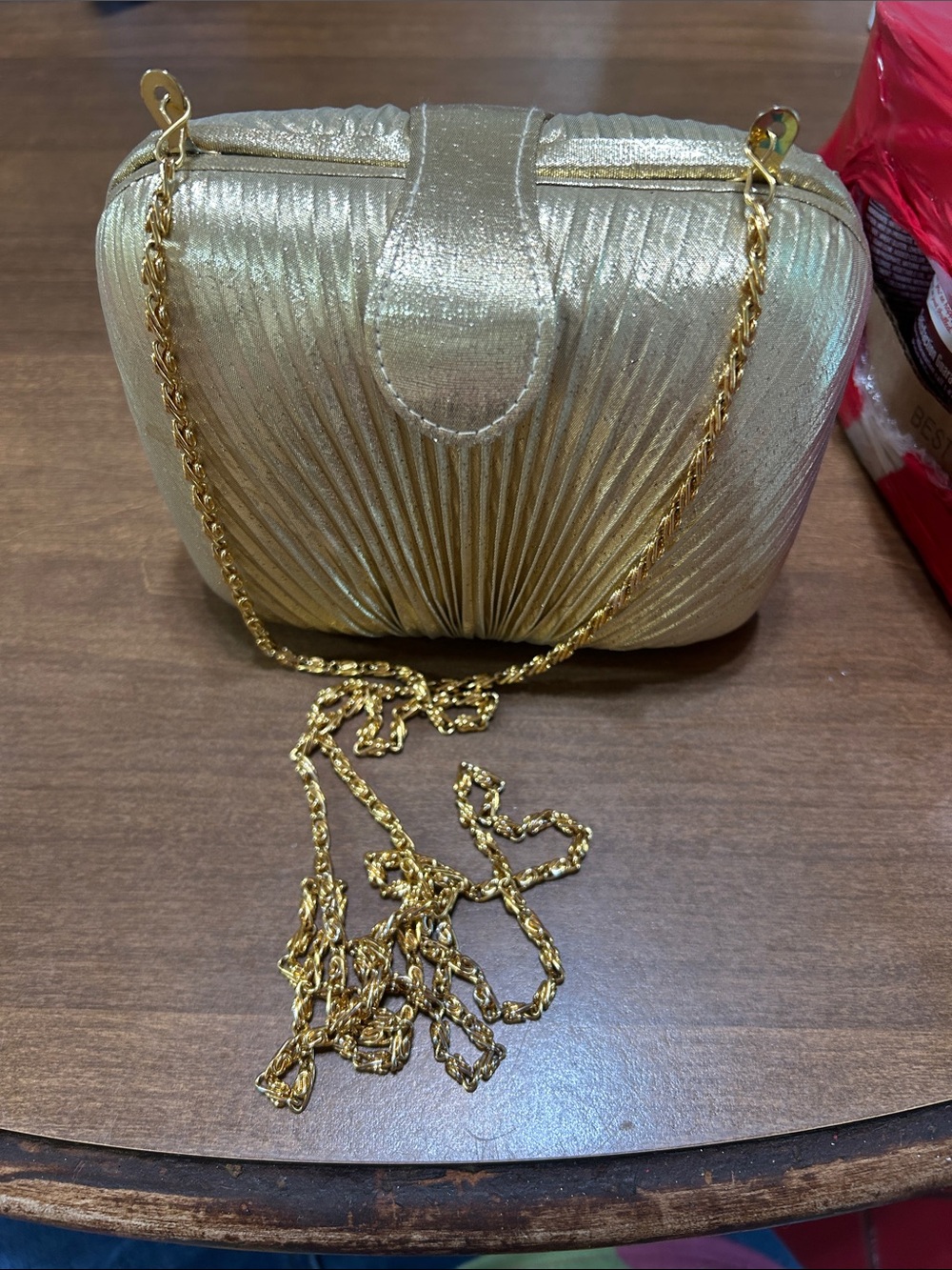 Gold Evening Clutch with ruching and gold Chain Strap
